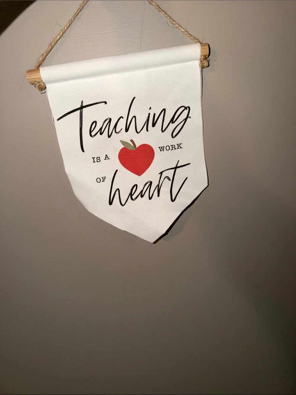 Teaching Is a Work of Heart Canvas Wall Banner - White and Red
